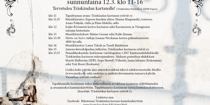 12.3. klo 11-16 Auroran nimipäiväjuhla Träskändan kartanolla!